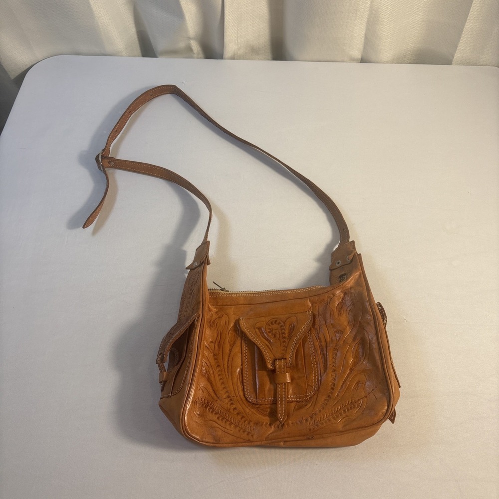 Tooled Brown Leather Crossbody Bag Floral Western Purse Boho Festival Rodeo